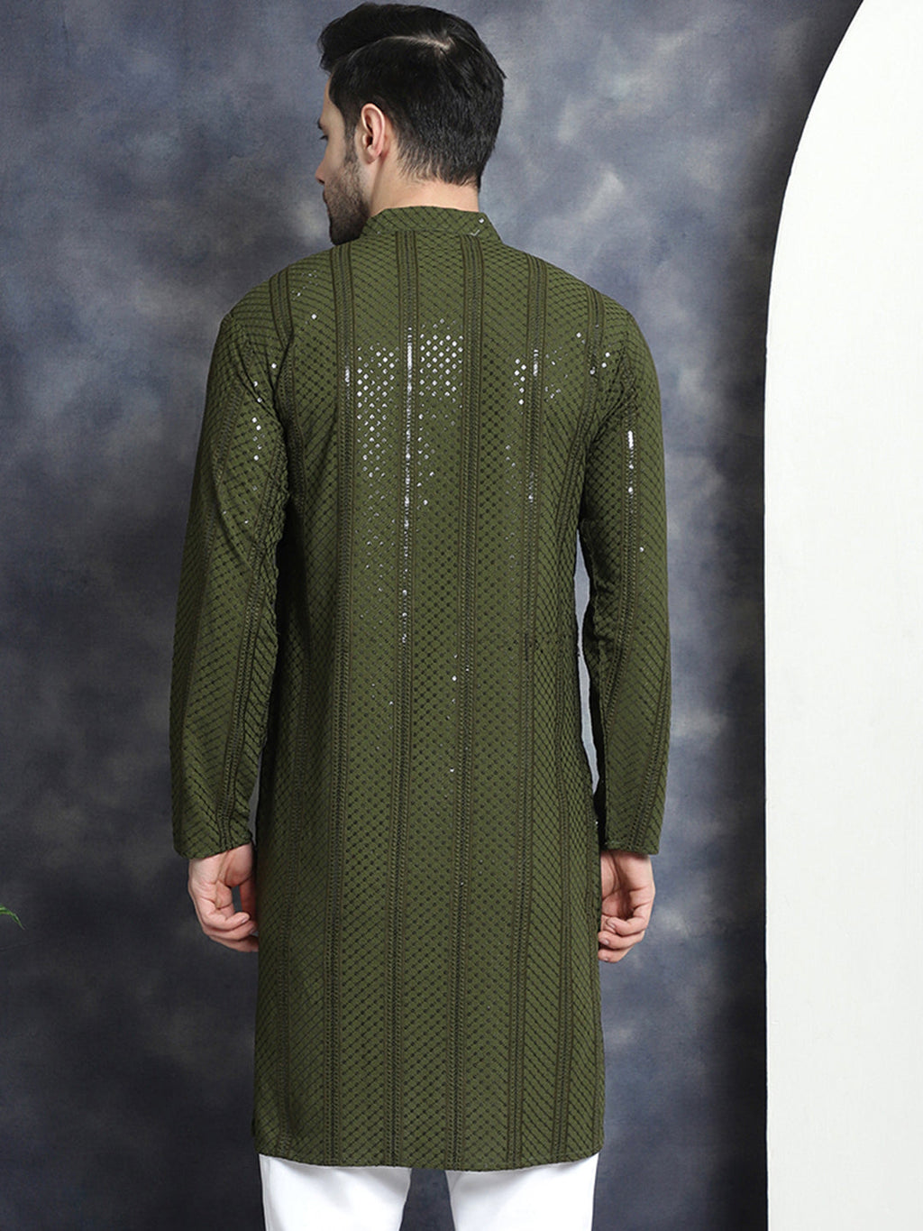 Jompers Men's Sequins Chikankari Embroidered Kurta - Mehndi