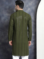 Jompers Men's Sequins Chikankari Embroidered Kurta - Mehndi
