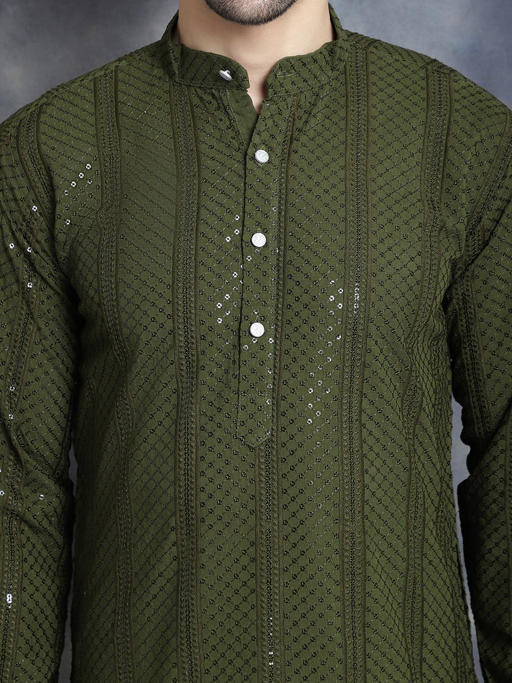 Jompers Men's Sequins Chikankari Embroidered Kurta - Mehndi
