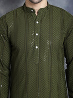 Jompers Men's Sequins Chikankari Embroidered Kurta - Mehndi