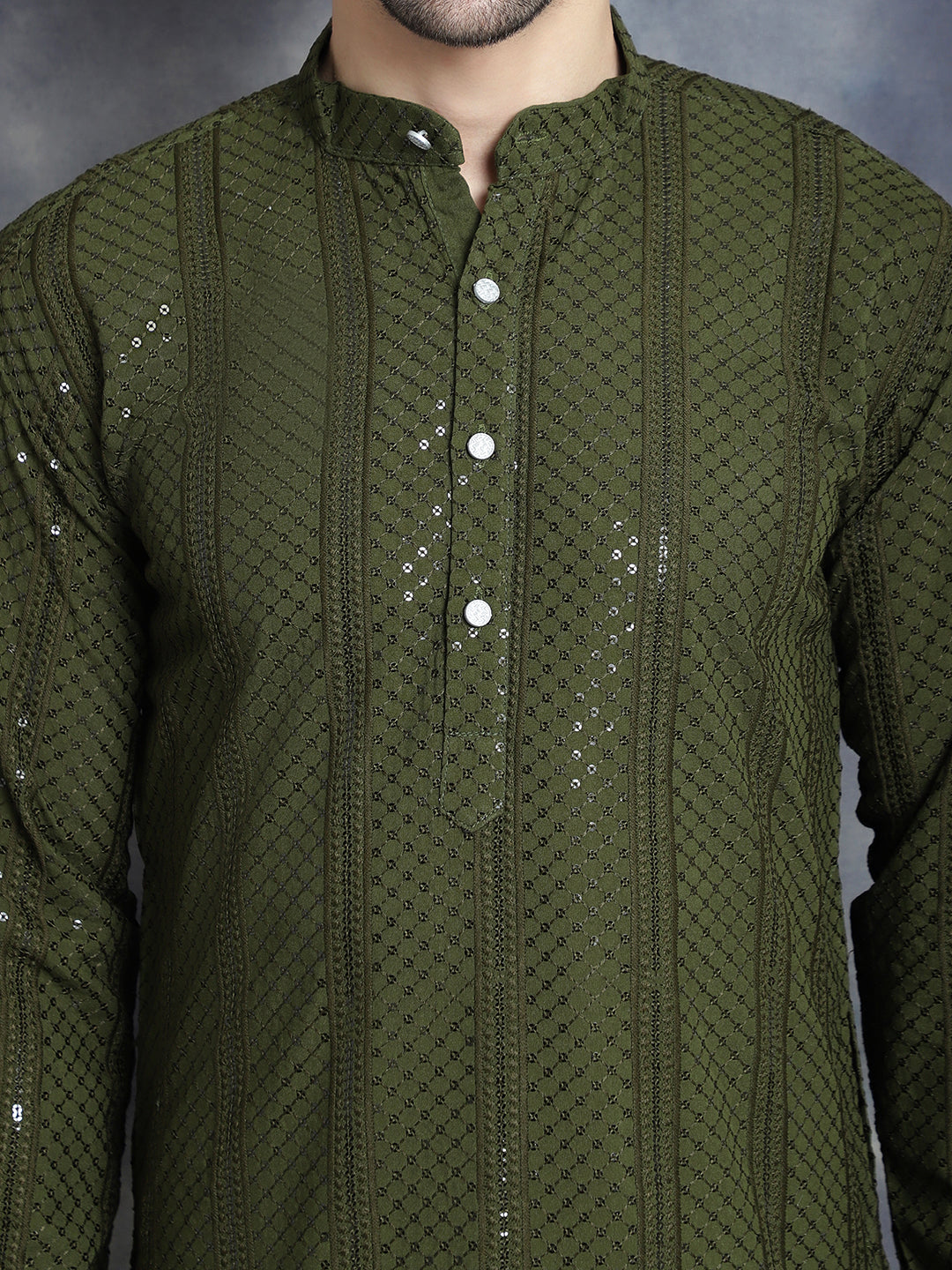 Jompers Men's Sequins Chikankari Embroidered Kurta - Mehndi