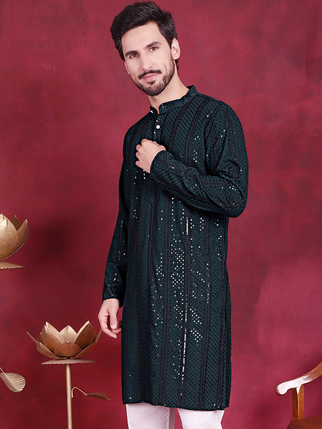 Jompers Men's Sequins Chikankari Embroidered Kurta - Olive