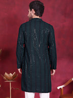 Jompers Men's Sequins Chikankari Embroidered Kurta - Olive
