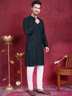 Jompers Men's Sequins Chikankari Embroidered Kurta - Olive