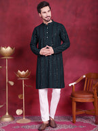 Jompers Men's Sequins Chikankari Embroidered Kurta - Olive