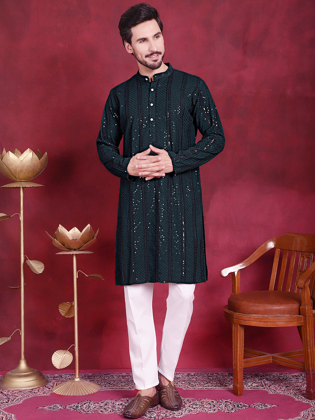 Jompers Men's Sequins Chikankari Embroidered Kurta - Olive