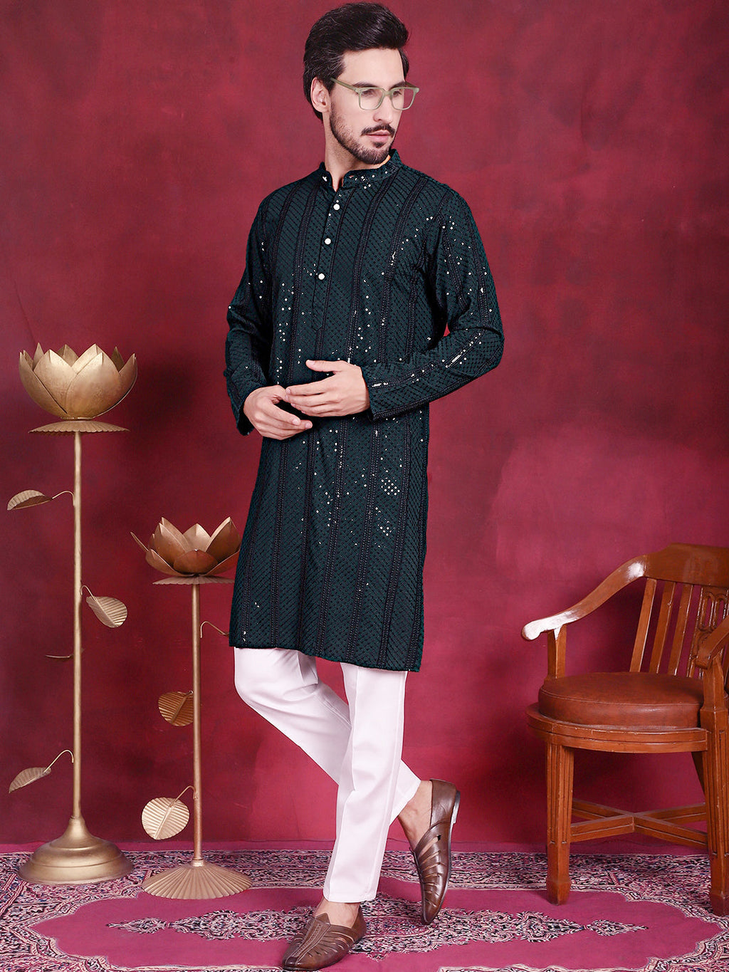 Jompers Men's Sequins Chikankari Embroidered Kurta - Olive