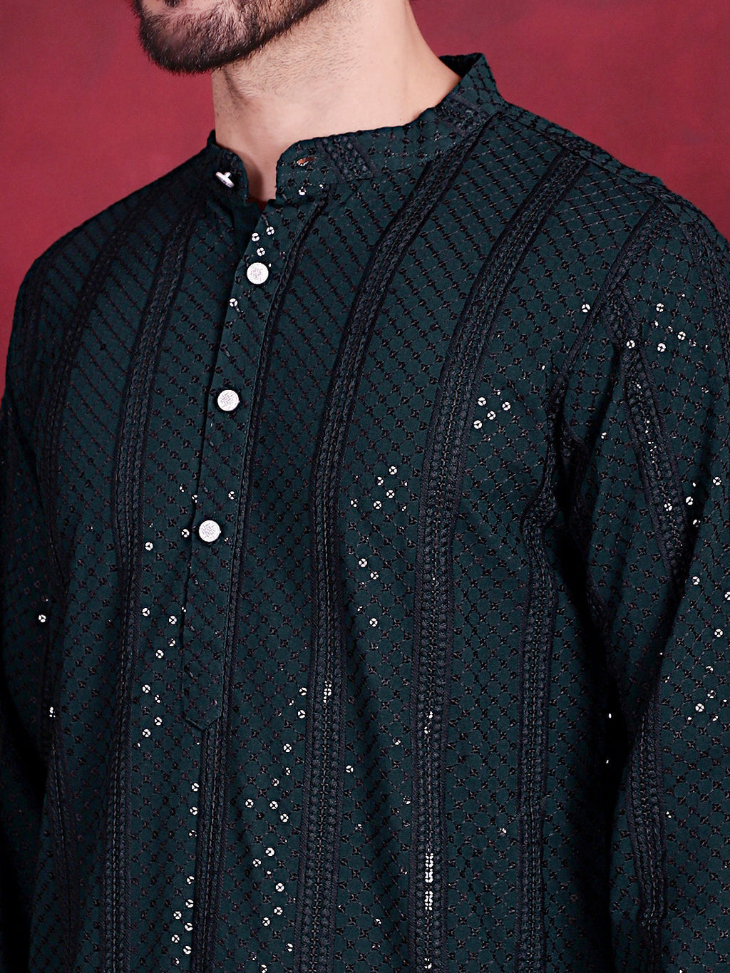 Jompers Men's Sequins Chikankari Embroidered Kurta - Olive