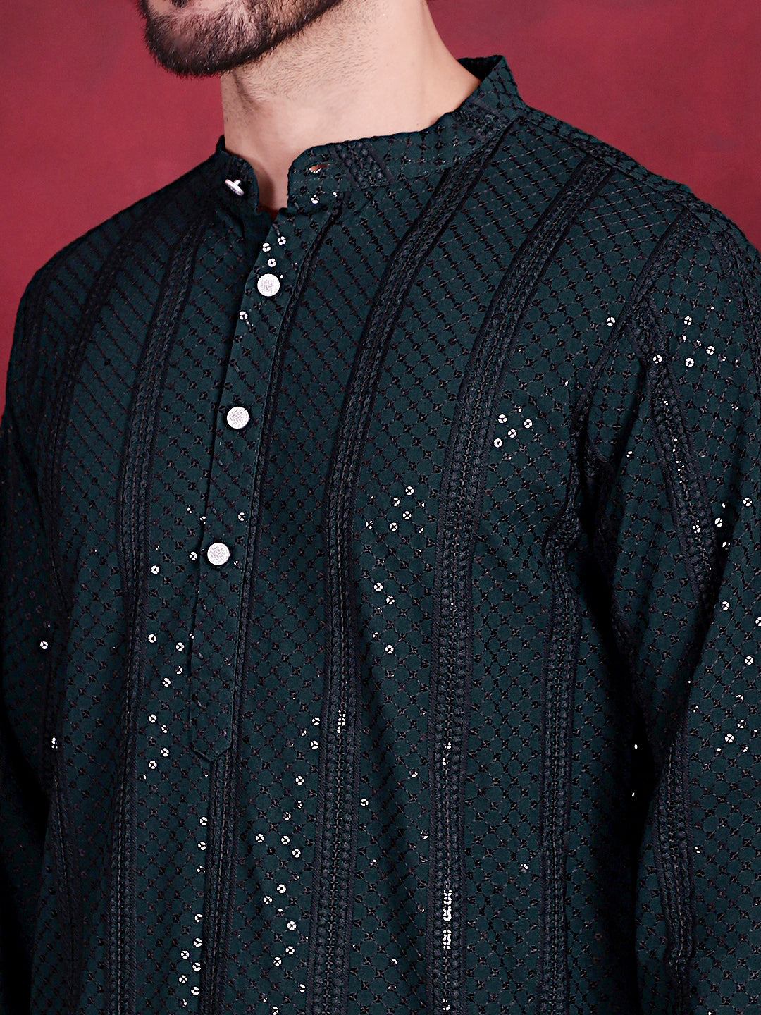 Jompers Men's Sequins Chikankari Embroidered Kurta - Olive
