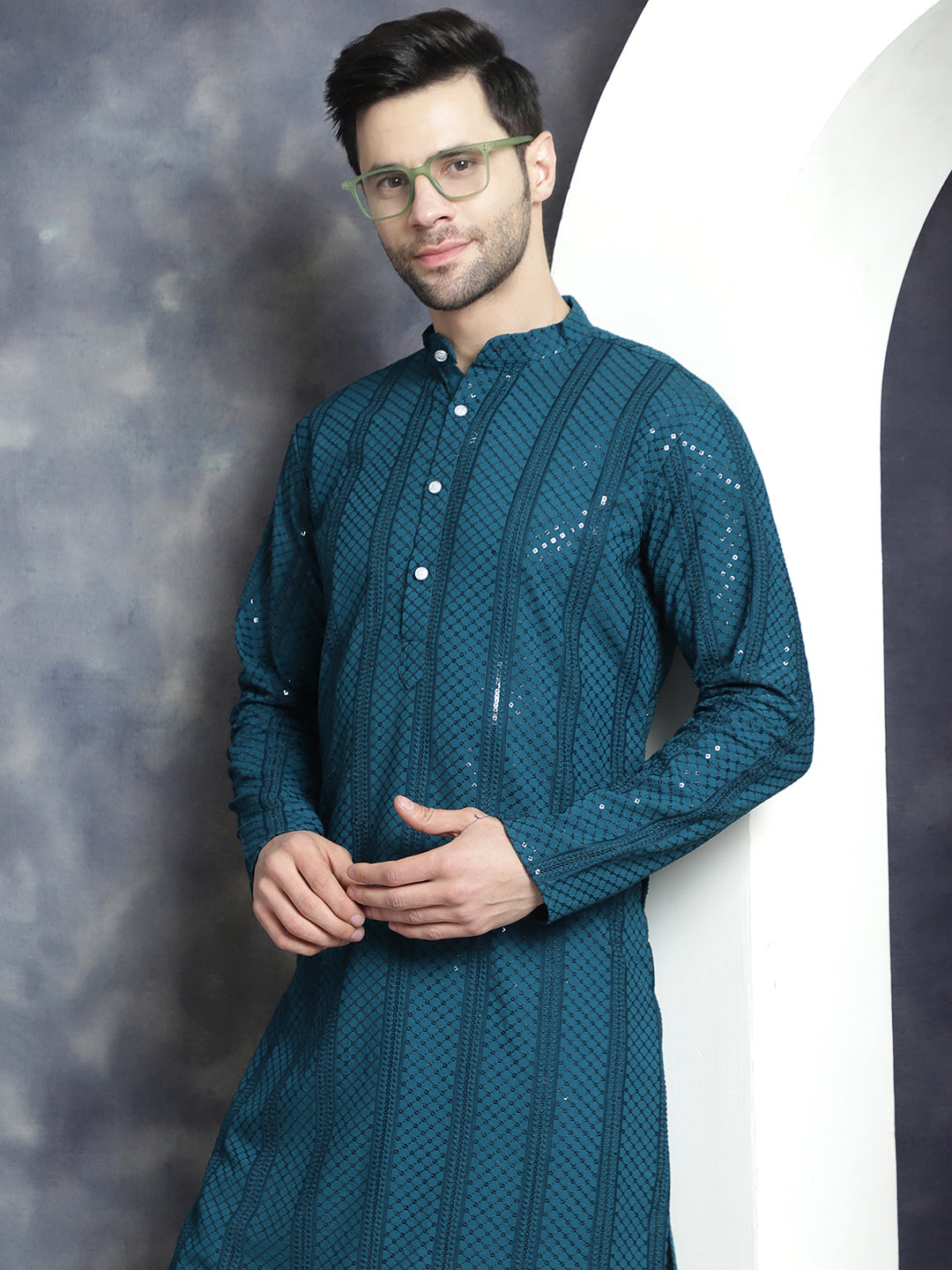 Jompers Men's Sequins Chikankari Embroidered Kurta - Peacock