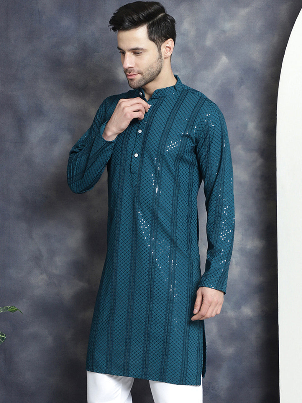 Jompers Men's Sequins Chikankari Embroidered Kurta - Peacock