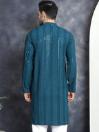 Jompers Men's Sequins Chikankari Embroidered Kurta - Peacock
