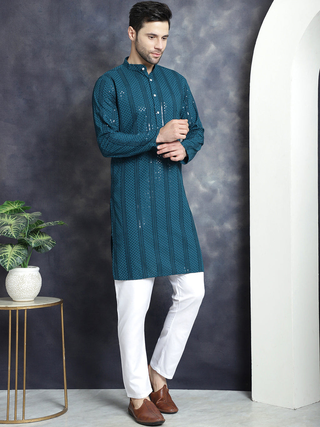 Jompers Men's Sequins Chikankari Embroidered Kurta - Peacock