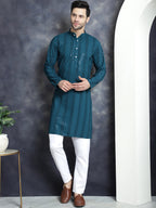Jompers Men's Sequins Chikankari Embroidered Kurta - Peacock