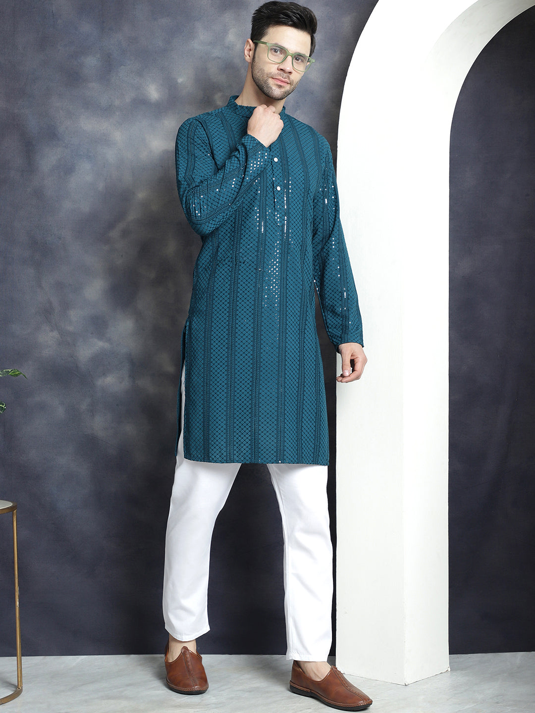 Jompers Men's Sequins Chikankari Embroidered Kurta - Peacock