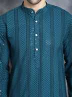 Jompers Men's Sequins Chikankari Embroidered Kurta - Peacock