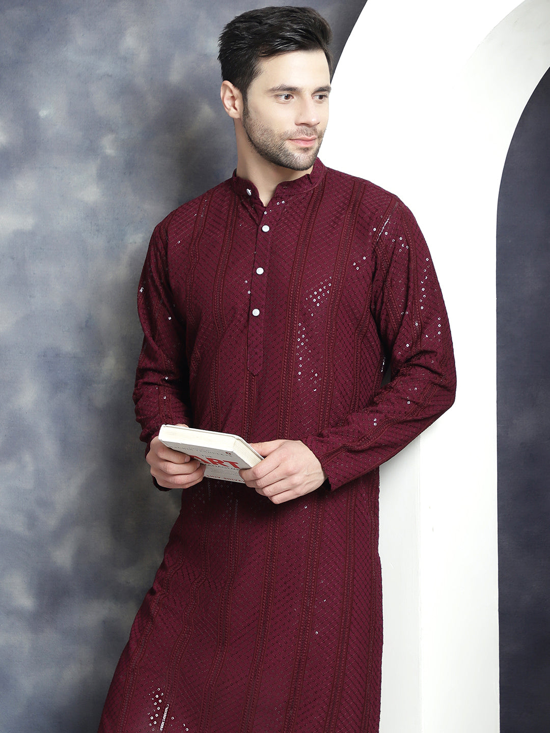 Jompers Men's Sequins Chikankari Embroidered Kurta - Purple