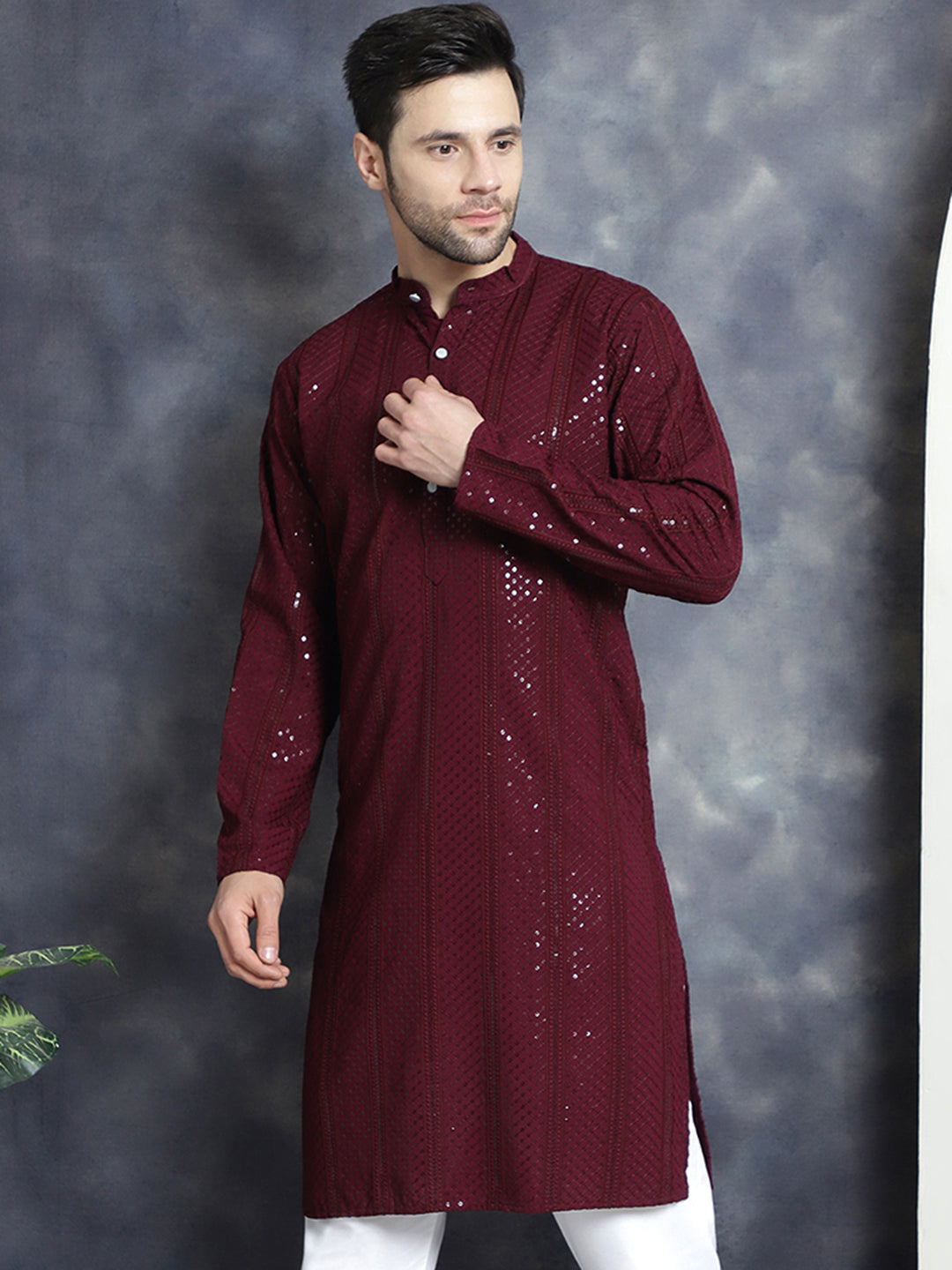 Jompers Men's Sequins Chikankari Embroidered Kurta - Purple