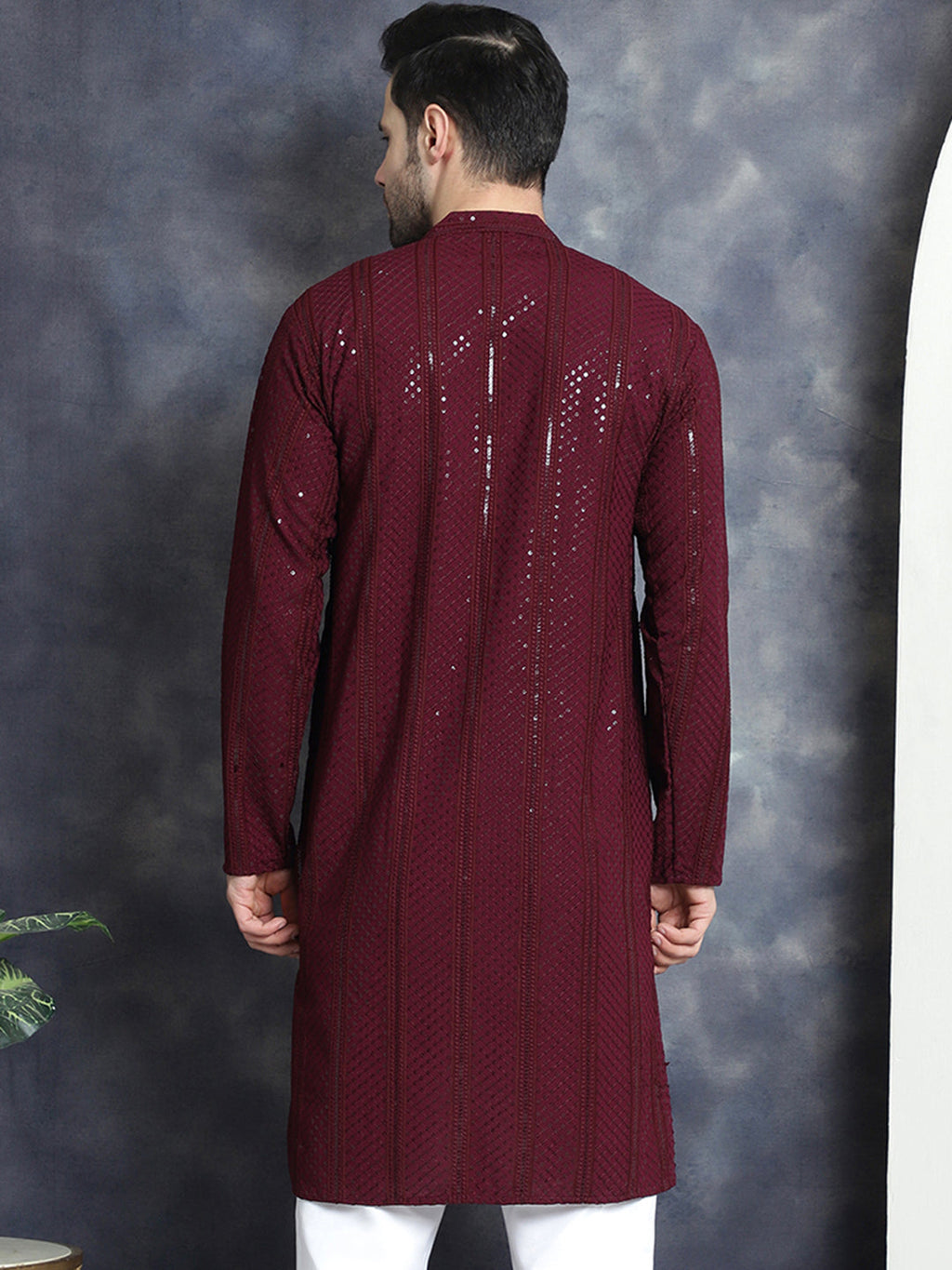 Jompers Men's Sequins Chikankari Embroidered Kurta - Purple