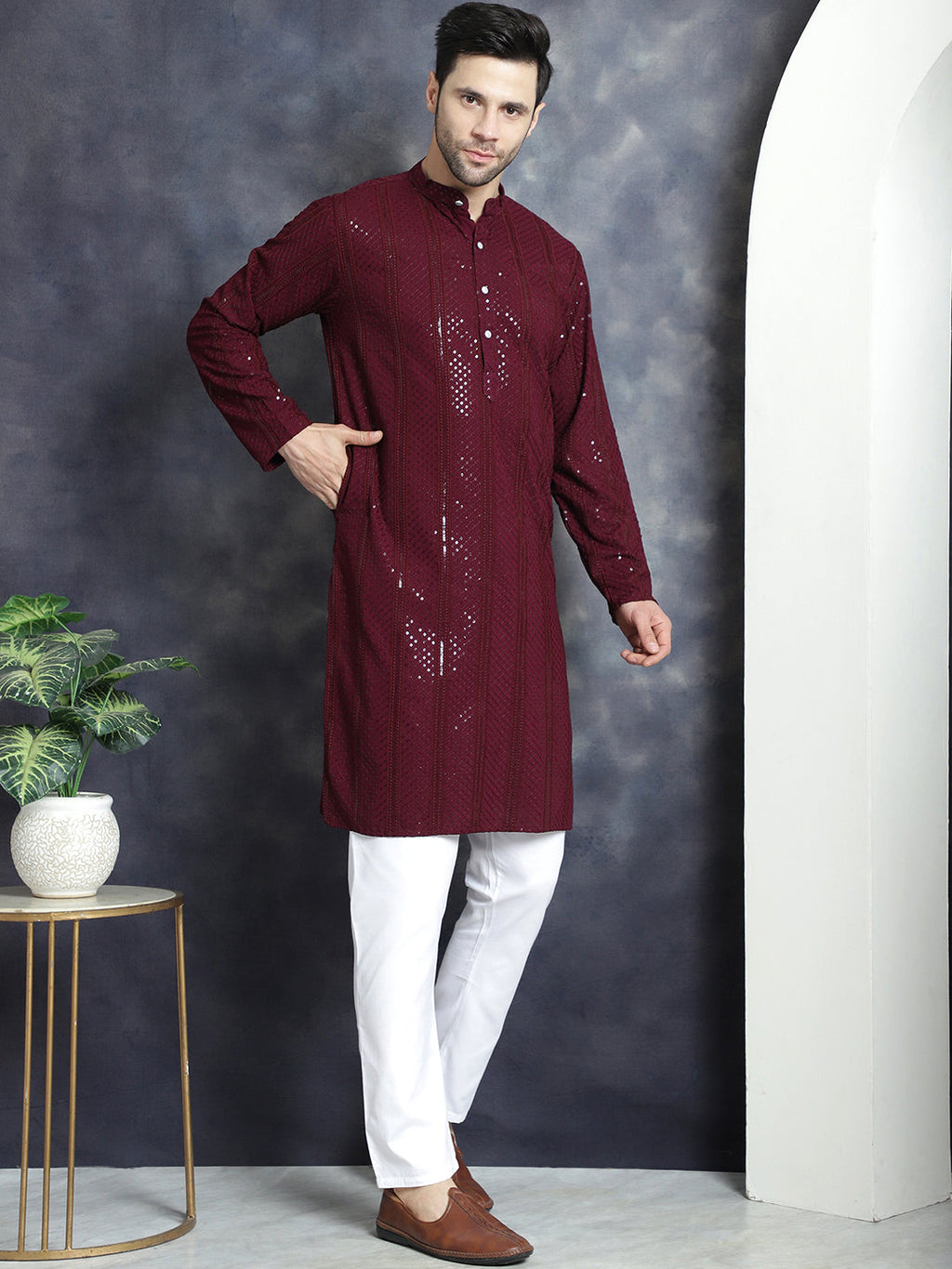 Jompers Men's Sequins Chikankari Embroidered Kurta - Purple