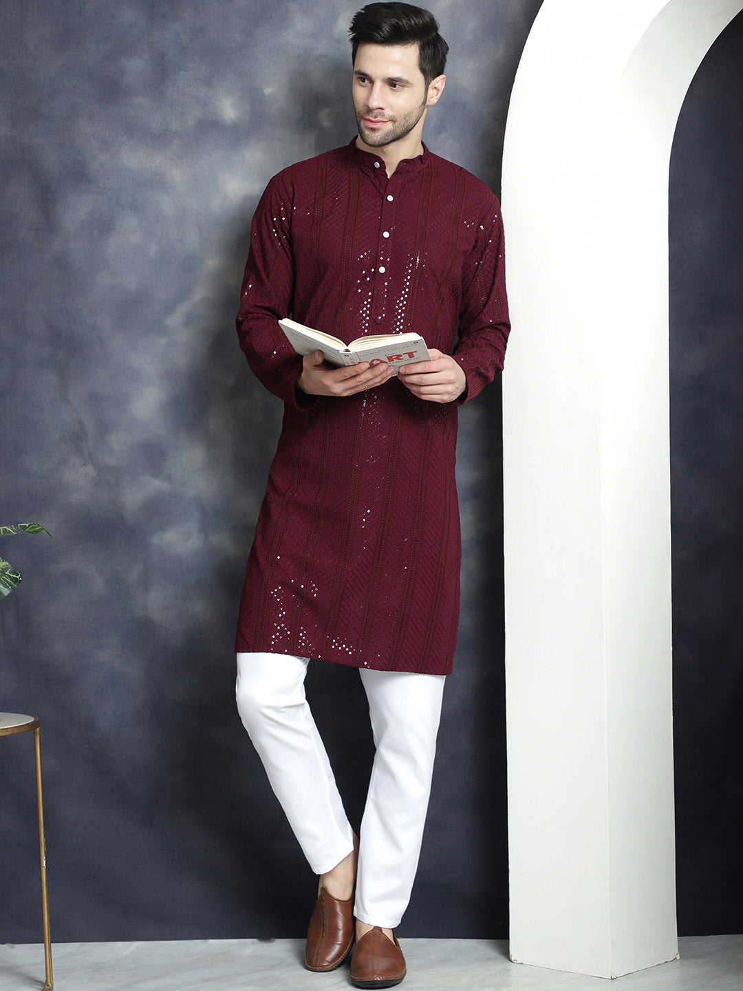 Jompers Men's Sequins Chikankari Embroidered Kurta - Purple