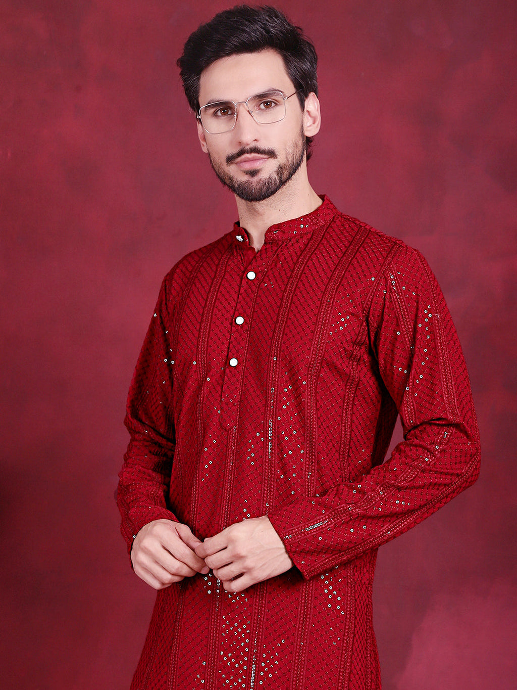 Jompers Men's Sequins Chikankari Embroidered Kurta - Red