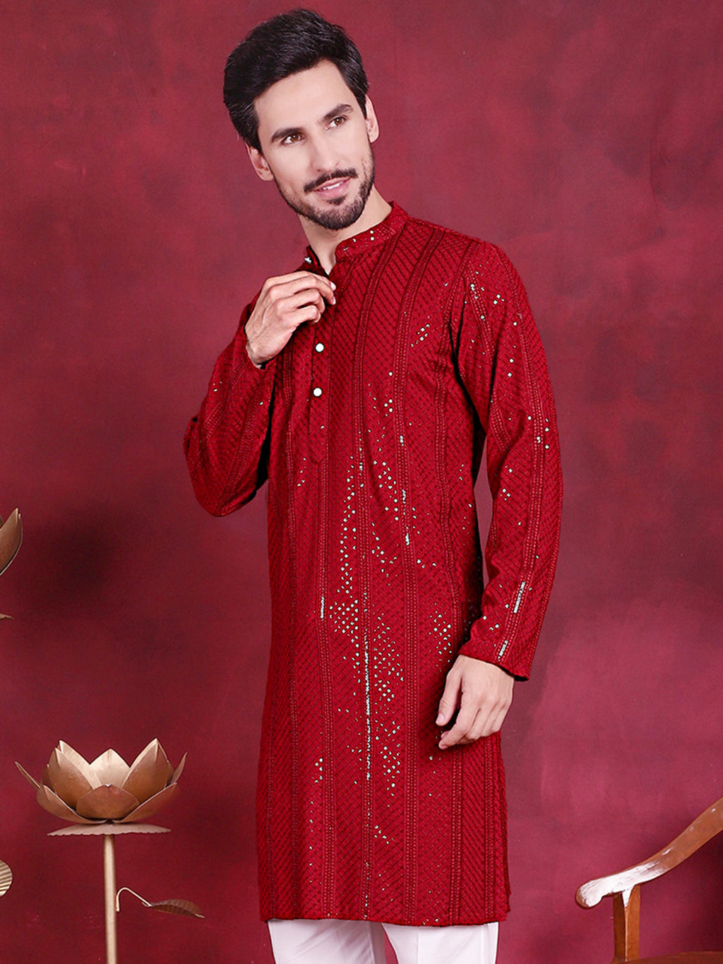 Jompers Men's Sequins Chikankari Embroidered Kurta - Red