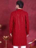 Jompers Men's Sequins Chikankari Embroidered Kurta - Red