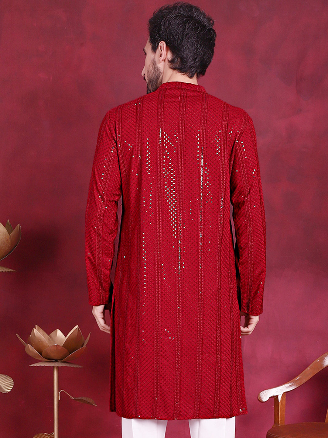 Jompers Men's Sequins Chikankari Embroidered Kurta - Red