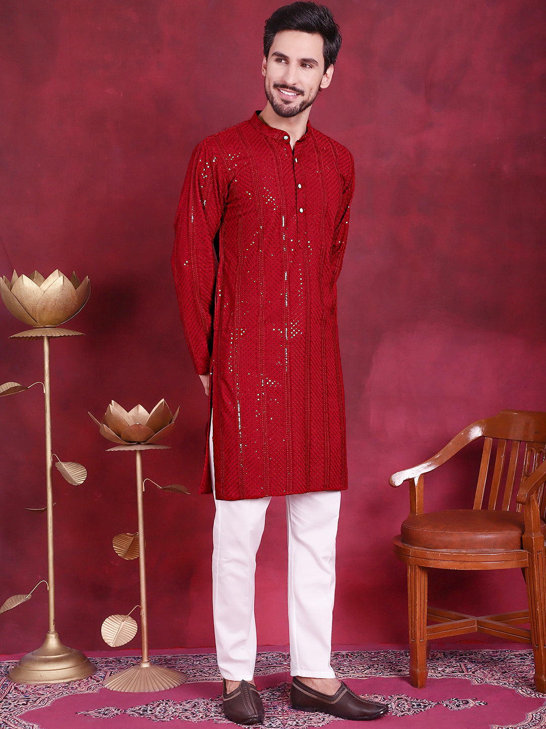 Jompers Men's Sequins Chikankari Embroidered Kurta - Red