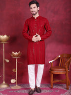 Jompers Men's Sequins Chikankari Embroidered Kurta - Red