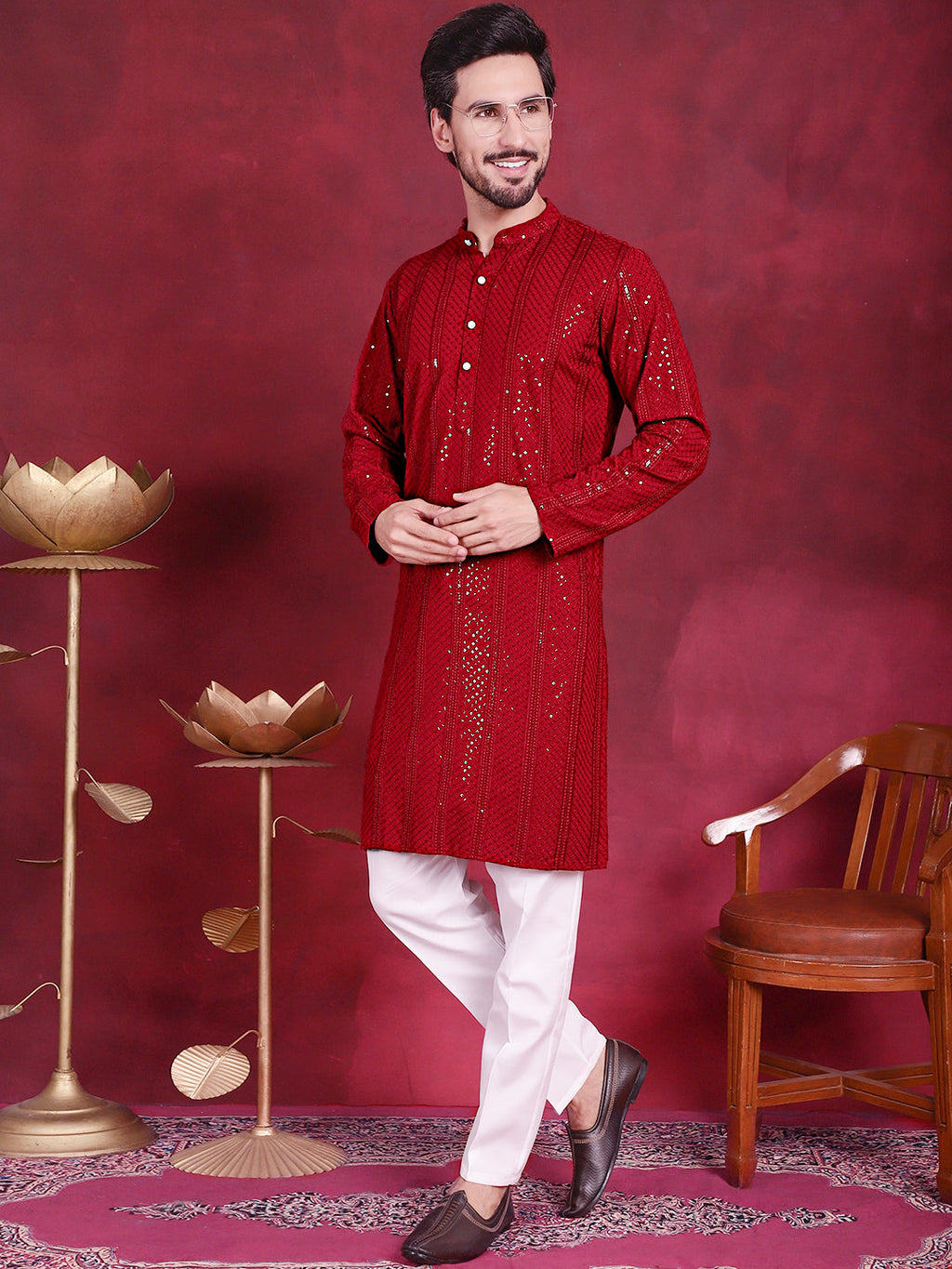 Jompers Men's Sequins Chikankari Embroidered Kurta - Red