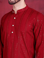 Jompers Men's Sequins Chikankari Embroidered Kurta - Red