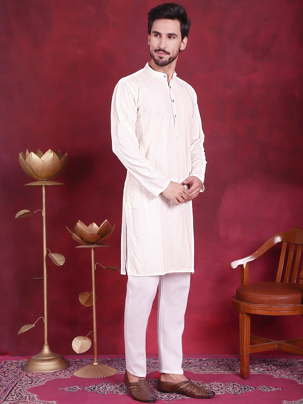 Jompers Men's Sequins Chikankari Embroidered Kurta - White