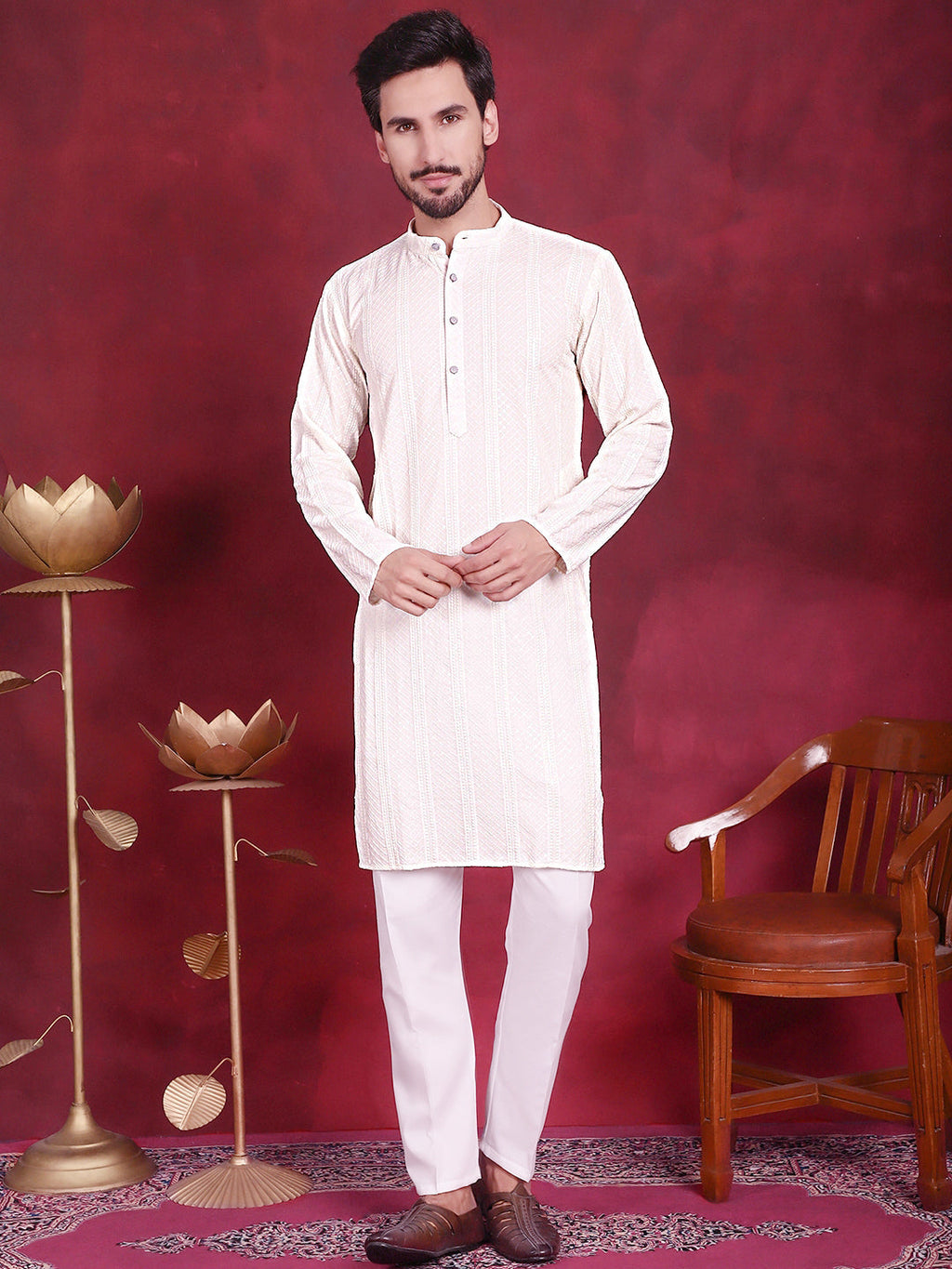 Jompers Men's Sequins Chikankari Embroidered Kurta - White