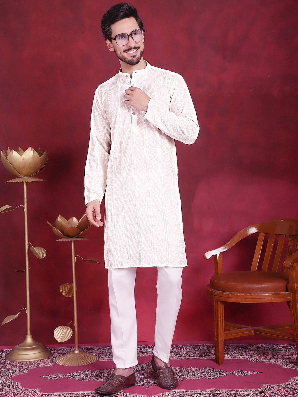 Jompers Men's Sequins Chikankari Embroidered Kurta - White