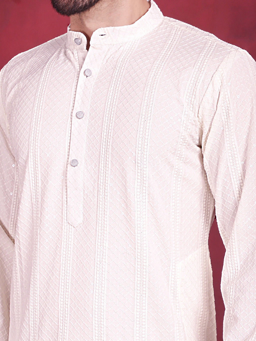 Jompers Men's Sequins Chikankari Embroidered Kurta - White