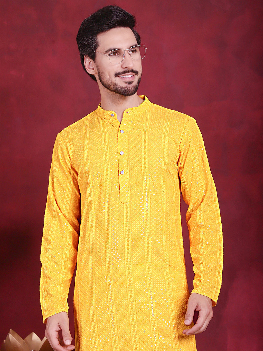 Jompers Men's Sequins Chikankari Embroidered Kurta - Yellow