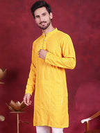 Jompers Men's Sequins Chikankari Embroidered Kurta - Yellow