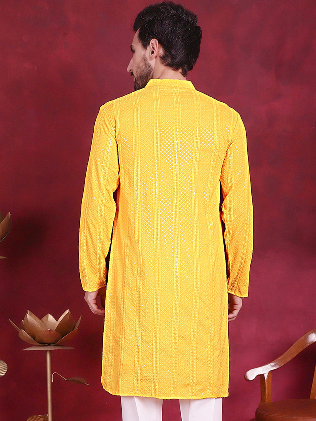 Jompers Men's Sequins Chikankari Embroidered Kurta - Yellow