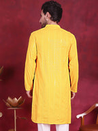 Jompers Men's Sequins Chikankari Embroidered Kurta - Yellow