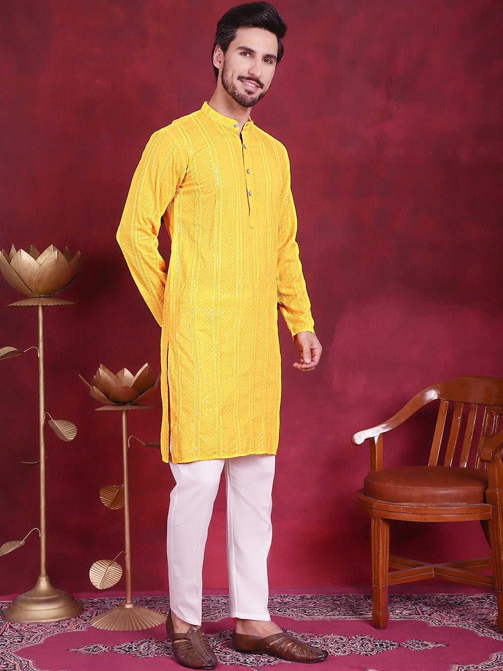 Jompers Men's Sequins Chikankari Embroidered Kurta - Yellow