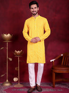 Jompers Men's Sequins Chikankari Embroidered Kurta - Yellow
