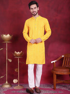 Jompers Men's Sequins Chikankari Embroidered Kurta - Yellow