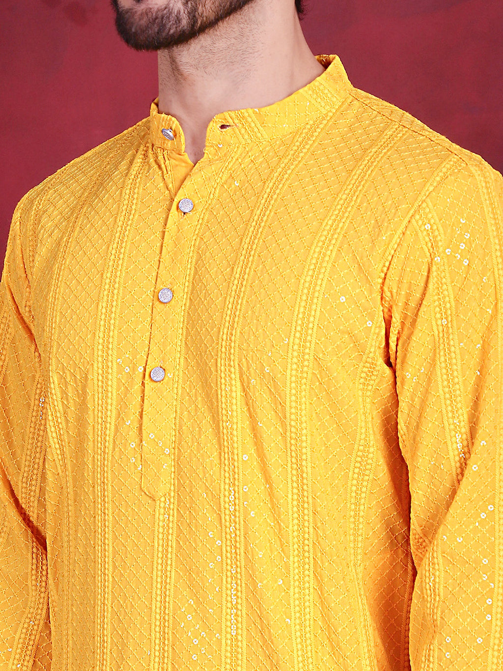 Jompers Men's Sequins Chikankari Embroidered Kurta - Yellow