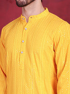 Jompers Men's Sequins Chikankari Embroidered Kurta - Yellow