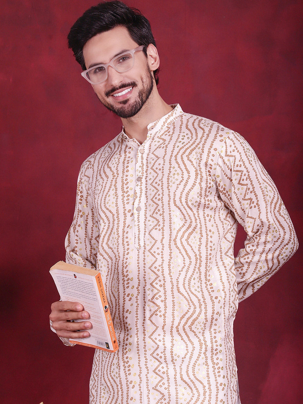 Jompers Men's Bandhani Printed Kurta - Cream