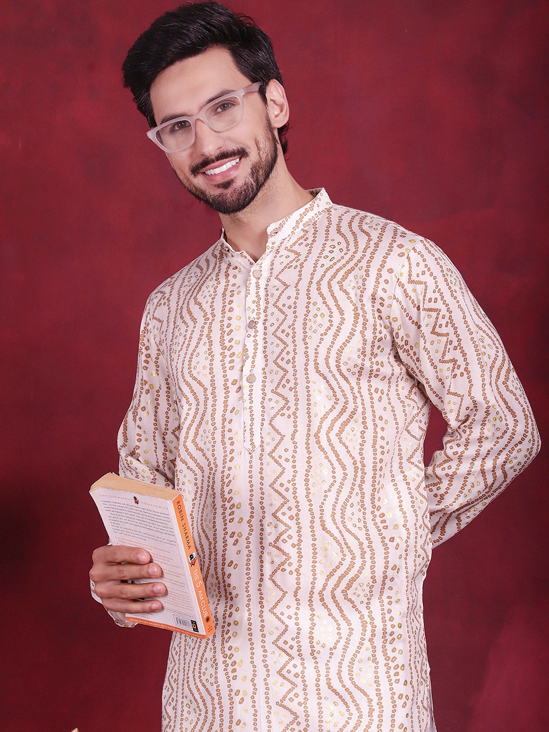Jompers Men's Bandhani Printed Kurta - Cream