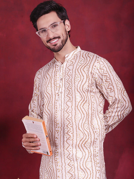 Jompers Men's Bandhani Printed Kurta - Cream