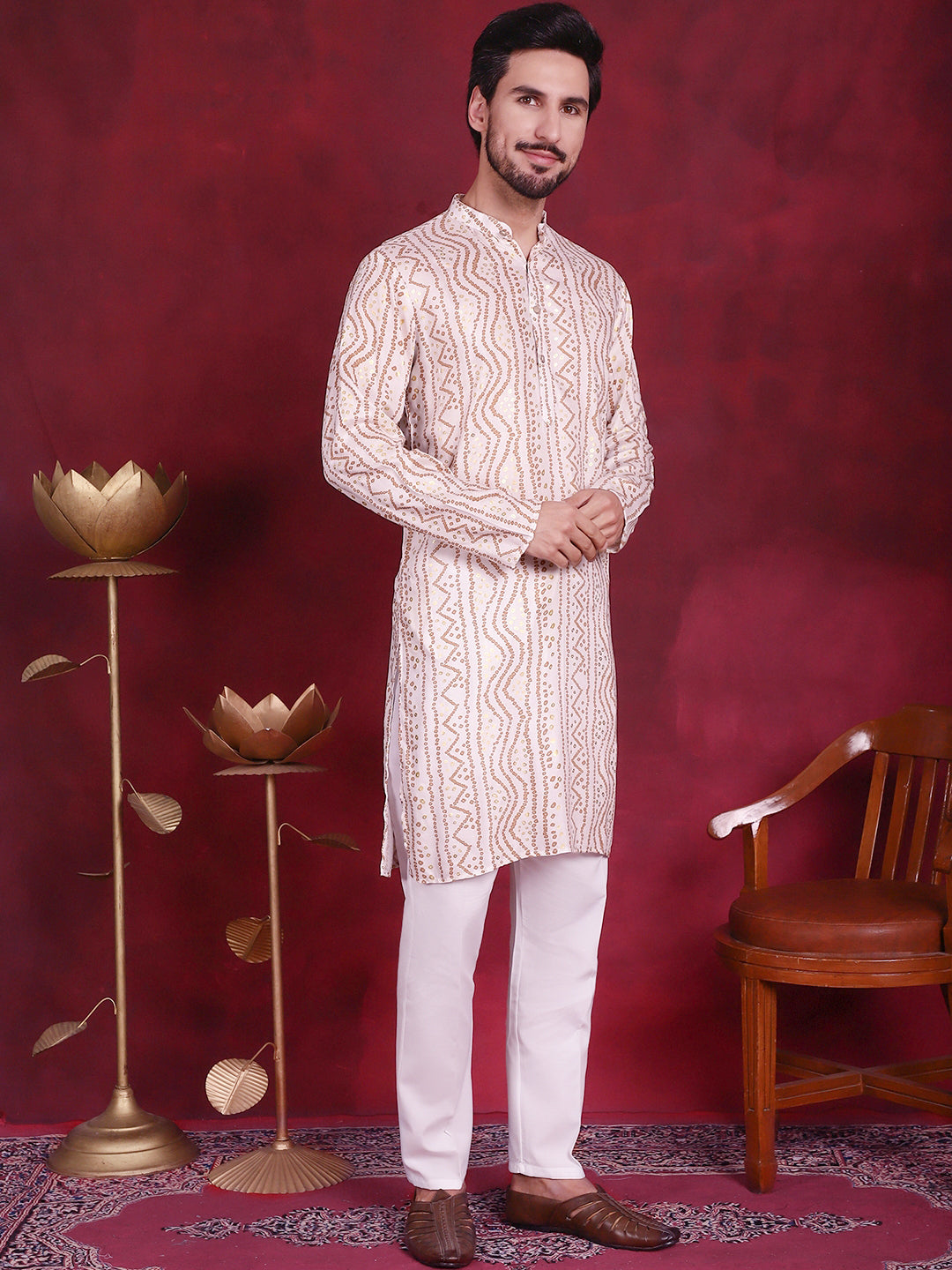 Jompers Men's Bandhani Printed Kurta - Cream